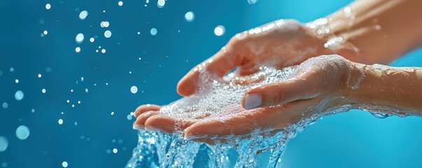 A woman engaging in the simple, vital act of washing hands, depicted with clear, flowing water against a blue background.
