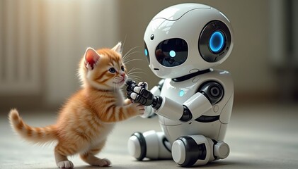 Robot Companion Rests with Feline Friend