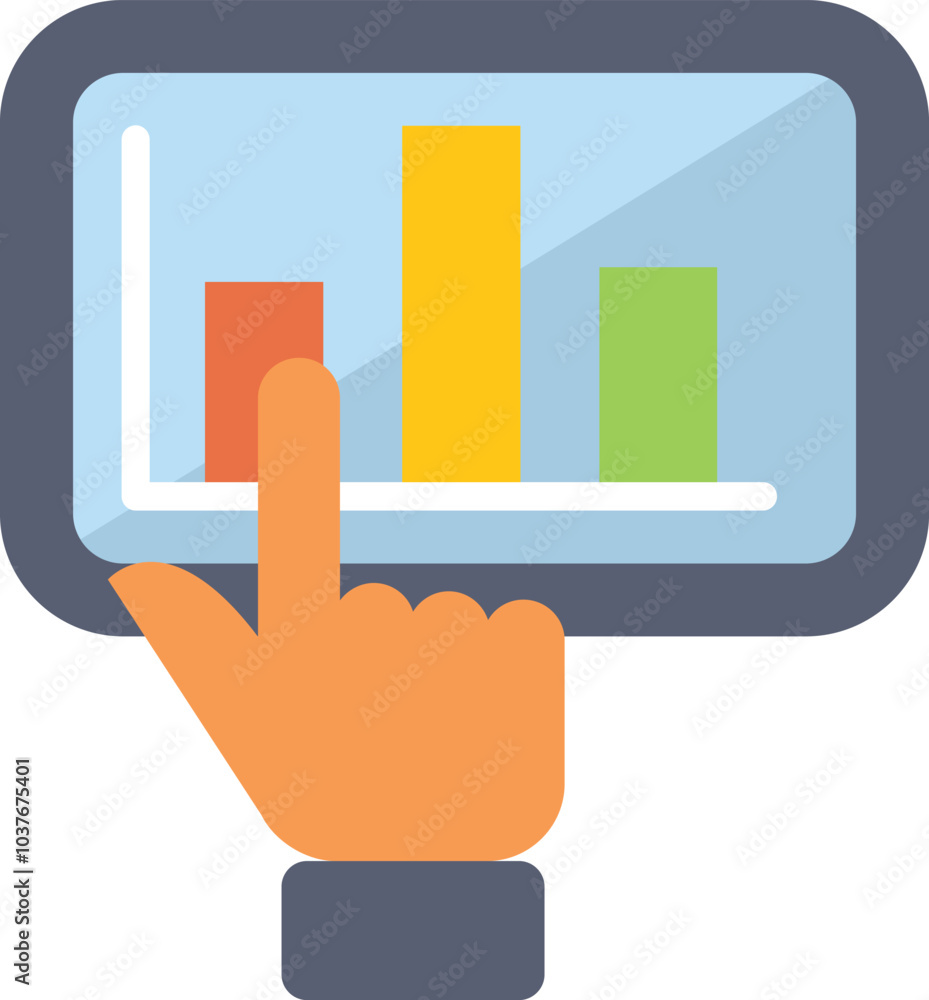 Poster businessman is analyzing statistics on a tablet with a bar graph