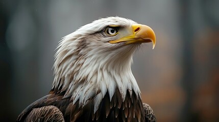 Obraz premium Close-up portrait of a majestic bald eagle with a sharp gaze, showcasing its striking white head and yellow beak against a blurred forest background.