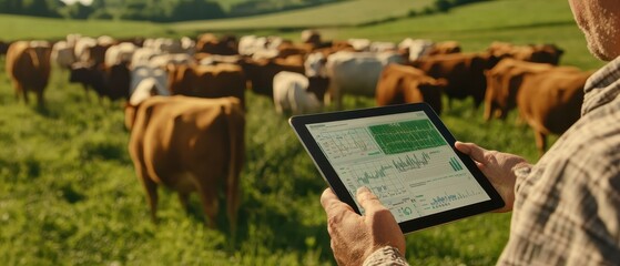 Farmer Holding Tablet Displaying Data