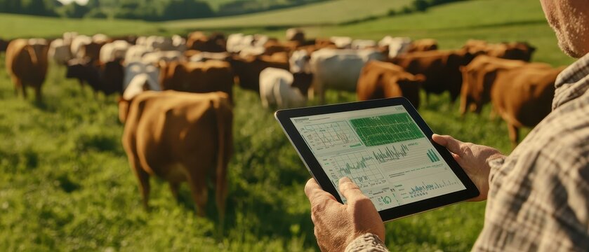 Farmer holding a tablet displaying data visualizations, with brown cows in the background and more cattle in the distance to show they're all part of one herd, set against a green grassland.