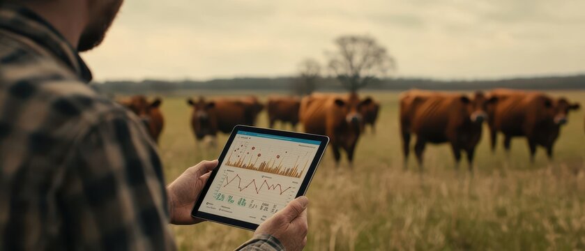 A farmer holding a tablet displaying graphs and data on the screen, with brown cows in the background on their pastures, symbolizing industry growth through technology.