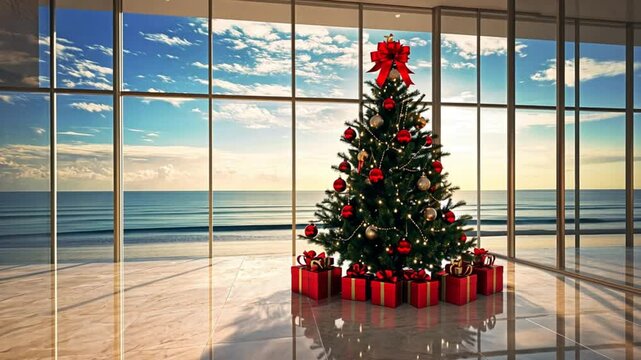 Presents around Christmas tree in hotel lobby. Business and holidays concept.