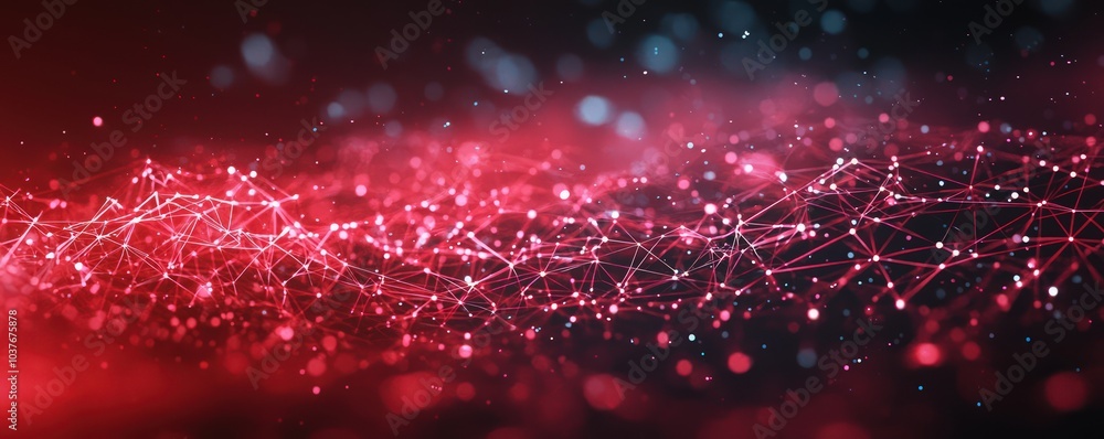 Poster abstract background featuring a network of red glowing dots interconnected with fine lines, suggesti