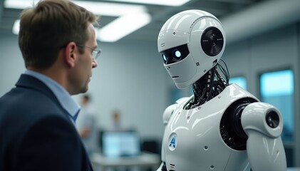 Man Discusses with Humanoid Robot in Office Setting