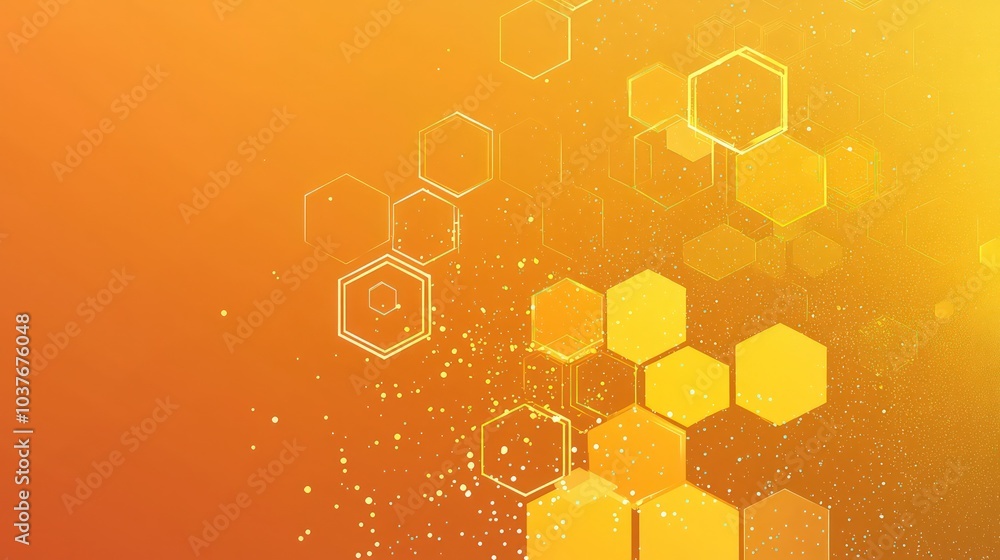 Poster abstract background with a yellow-orange gradient, adorned with hexagons and dots, creating a dynami