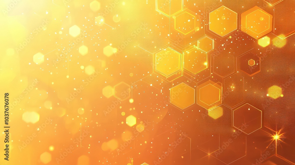 Poster abstract background with a yellow-orange gradient, adorned with hexagons and dots, creating a dynami