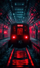 Obraz premium Red-Lit Subway Train Approaching in Tunnel