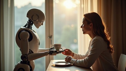 Friendly Robot Barista Serves Coffee in Serene Setting