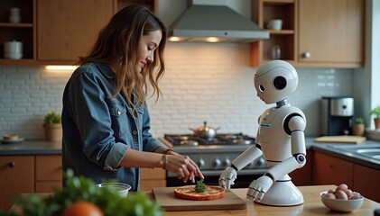 Robot and Woman Collaborate in Modern Kitchen Setup