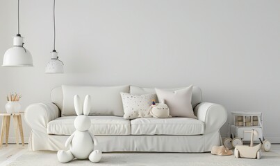 「白を基調としたミニマルなリビングルームインテリア。快適なソファ、かわいいおもちゃ、スタイリッシュなランプ。清潔感のあるモダンなホームデコレーション」
