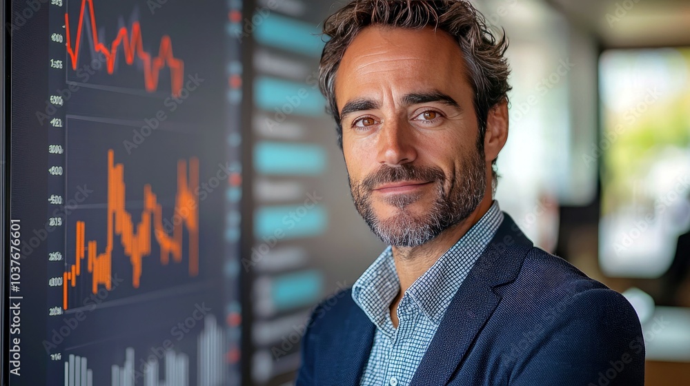 Poster confident businessman standing in front of a screen with graphs and charts.