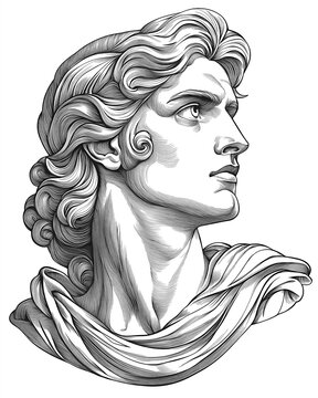 Portrait of Appolo in three-quarter view, Engraving Style on White Background