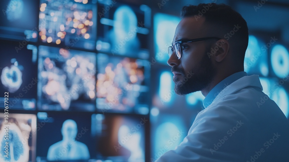 Poster A scientist in a white coat looks intently at a wall of screens displaying data and visualizations.