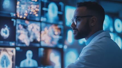A scientist in a white coat looks intently at a wall of screens displaying data and visualizations.