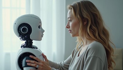 Woman Interacting with Humanoid Robot