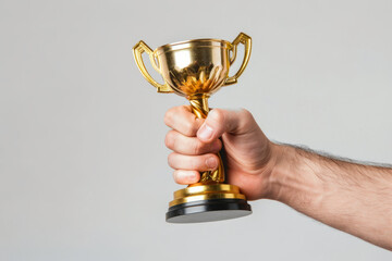 Close up of a hand holding a winners trophy trophy