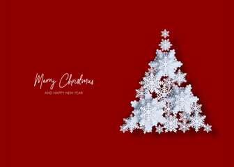 Xmas tree made of volumetric paper snowflakes. Christmas and New year background