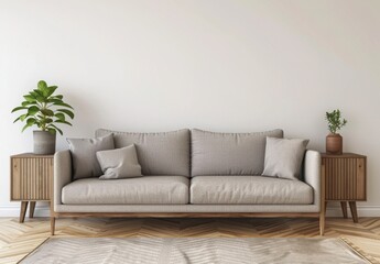 Fototapeta premium 「グレーのソファ、木製のサイドテーブル、植物のあるミニマルなリビングルーム。白い壁、木製の床、グレーのラグのあるシンプルで清潔なデザインの部屋」