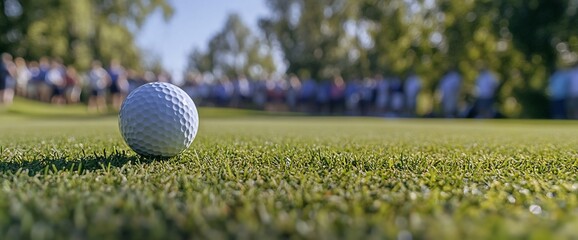 A single golf ball sits on the green with spectators in the background.