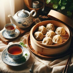 a bamboo steamer filled with beautifully presented hot dumplings. Include a delicate porcelain plate, a glass of rich tea beside it. ai