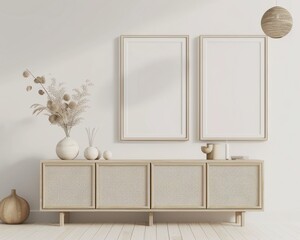 「白い壁を背景にした木製キャビネットとモックアップフレームのミニマルなインテリアデザイン。3Dレンダリング」