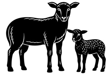 A Ewe with her two lambs in front of a white background