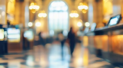 Fototapeta premium Blurred Bokeh Effect in Busy Banking Hall with Customer Interactions at Teller Windows
