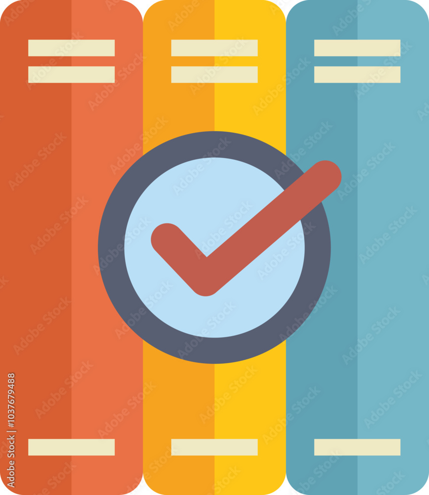 Poster check mark symbol is hovering over a stack of colorful book files, validating their content
