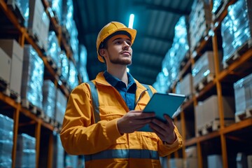 Warehouse Staff Using Tablet with Barcode Scanner