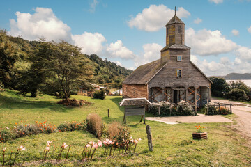 View of the St. James the Apostle church in Deftif, Lemuy Island, Chile. Built at the end of the...