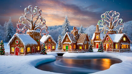 AI-generated image of a winter wonderland of Christmas spirits, where gingerbread houses candy cane trees, and chocolate river come to life