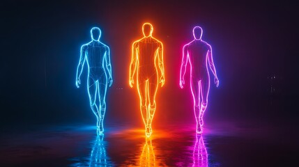 Realistic illustration of a human group silhouette in vibrant neon light