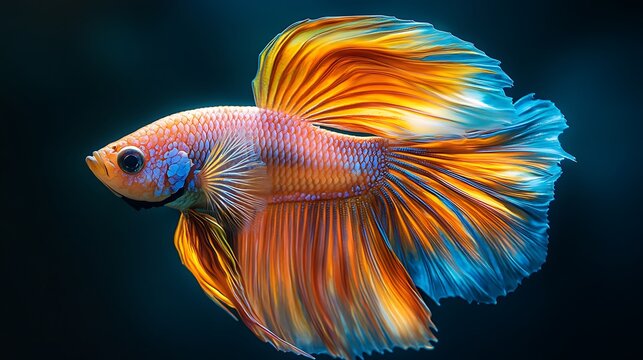 Lovely gold Thai rosetail betta fish set against a colorful background