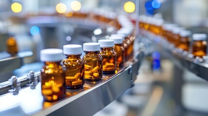 Bottles of Liquid Medicine on an Automated Conveyor Belt in a Pharmaceutical Manufacturing Facility
