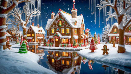 AI-generated image of a winter wonderland of Christmas spirits, where gingerbread houses candy cane trees, and chocolate river come to life