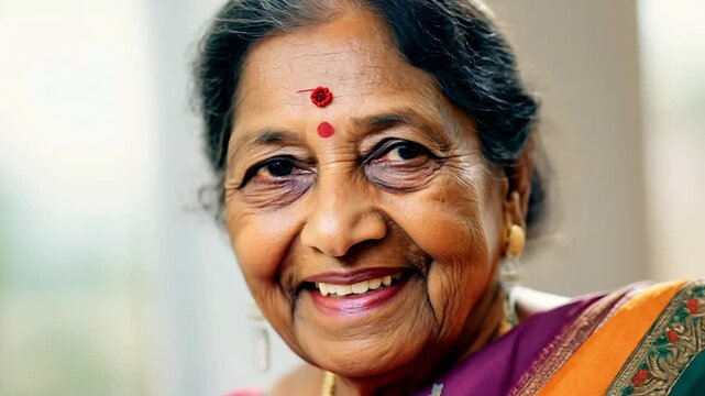 Elderly Indian woman with a bindi and a gentle smile. Video
