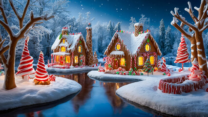 AI-generated image of a winter wonderland of Christmas spirits, where gingerbread houses candy cane trees, and chocolate river come to life