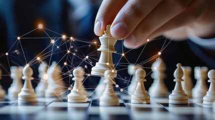 Business Strategy and Planning with Hand Moving a King Chess Piece on a Board, Enhanced by Network Graphic Overlay
