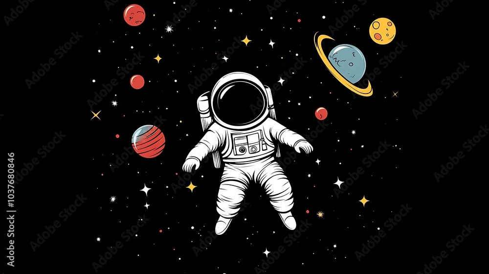 Poster a minimalist design of an astronaut floating in space, surrounded by planets and stars. cartoon outl