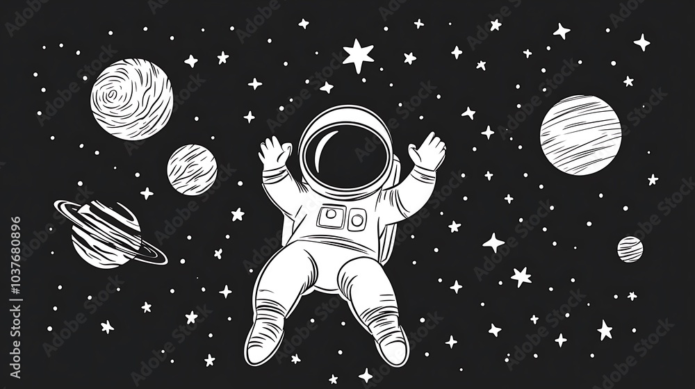 Poster a minimalist design of an astronaut floating in space, surrounded by planets and stars. cartoon outl