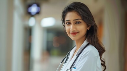 Fototapeta premium Indian female doctor in white coat with stethoscope smiling in hospital corridor, healthcare setting