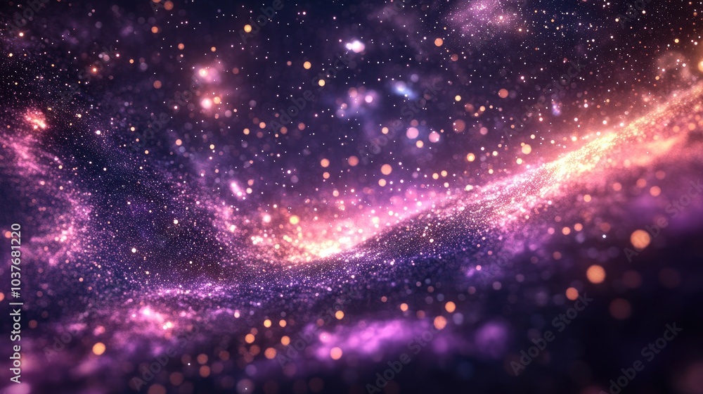 Poster empty cosmic background in a 3d cartoon rendering featuring a blurred dark violet sky with abstract 