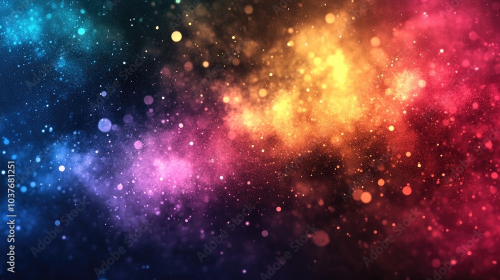 Poster abstract background featuring dynamic dust particles illuminated with glare and varying colors creat