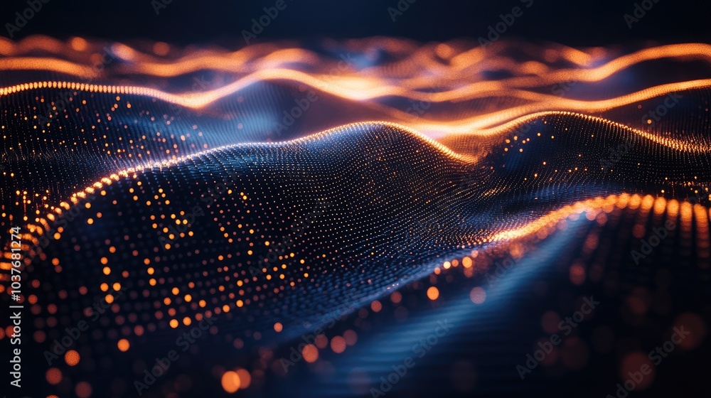 Poster futuristic digital backdrop featuring a dynamic wave of luminous points ideal for presentation desig