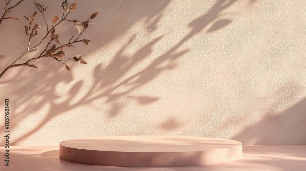 Poster podium display against a pastel stucco background abstract geometric arrangement with a branch and s