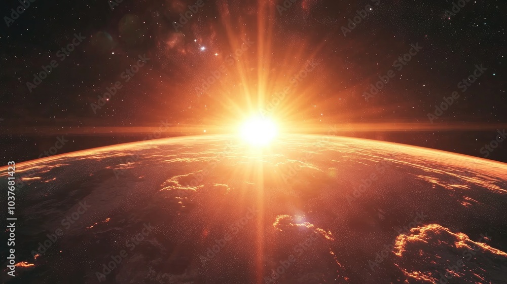 Aufkleber dark sky background with a 3d cartoon rendering of a sunrise in space greeting the world with rays a