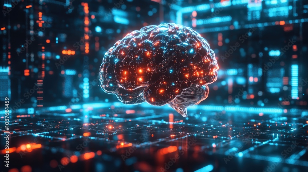 Poster digital brain hologram hud showcasing artificial intelligence machine learning and business technolo