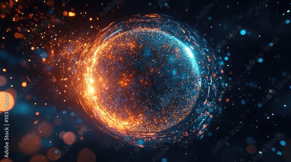 Poster illuminated 3d particle sphere in space representing abstract concepts of technology science enginee